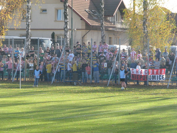 Kibice Arki Gdynia i Cracovii na Stadionie Miejskim w Niepołomicach podczas ligowego meczu Puszczy Niepołomice z Arką Gdynia.