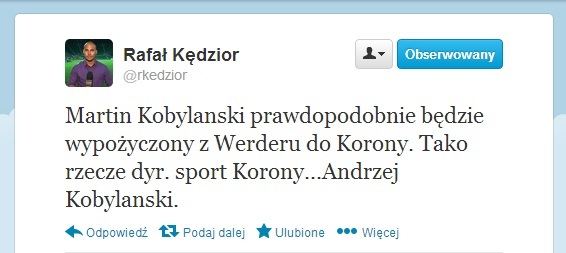 Wiadomość Rafała Kędziora na portalu społecznościowym Tweeter