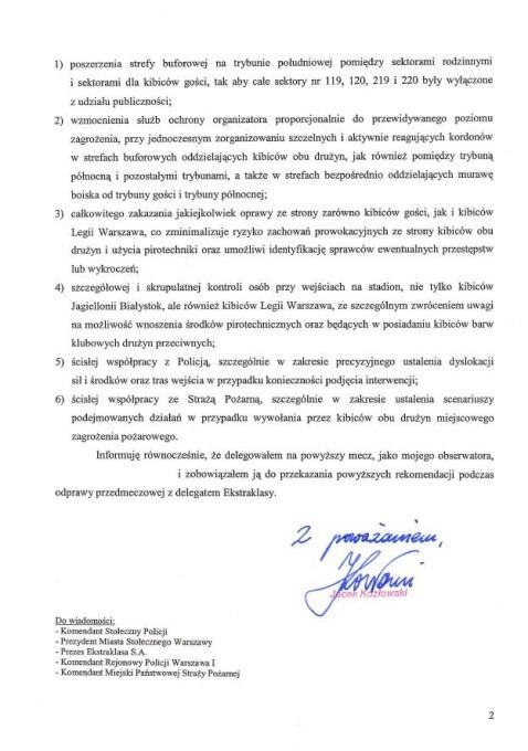 List wojewody Kozłowskiego do prezesa Leśnodorskiego w sprawie meczu Legia - Jagiellonia