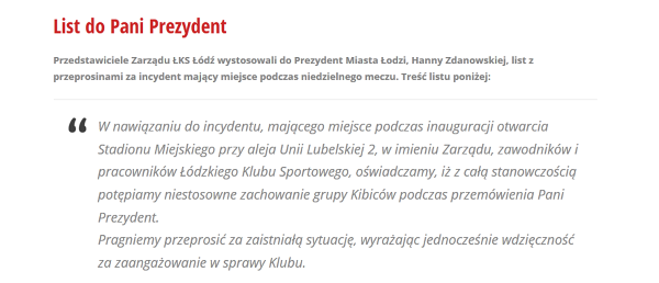 List Łódzkiego Klubu Sportowego do prezydent Łodzi, Hanny Zdanowskiej, opublikowany na oficjalnej stronie klubu.
