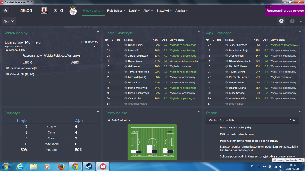 Symulacja meczu Legia - Ajax w Football Manager 15.