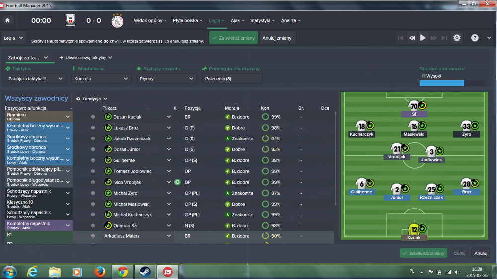 Symulacja meczu Legia - Ajax w Football Manager 15.