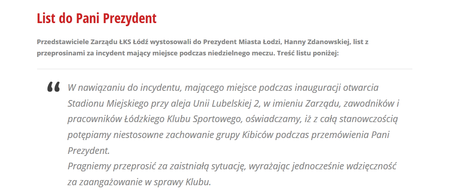 List Łódzkiego Klubu Sportowego do prezydent Łodzi, Hanny Zdanowskiej, opublikowany na oficjalnej stronie klubu.