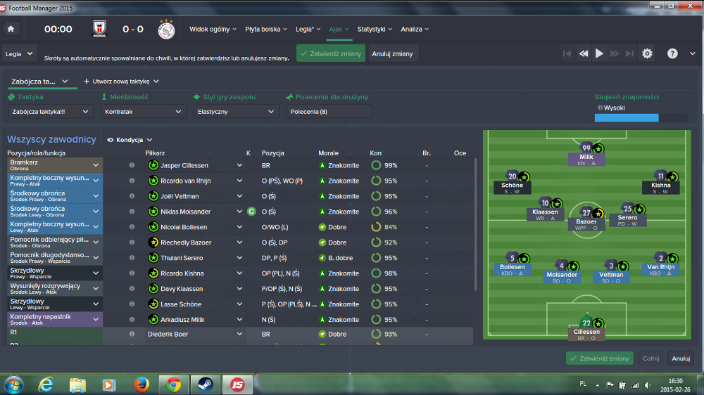 Symulacja meczu Legia - Ajax w Football Manager 15.