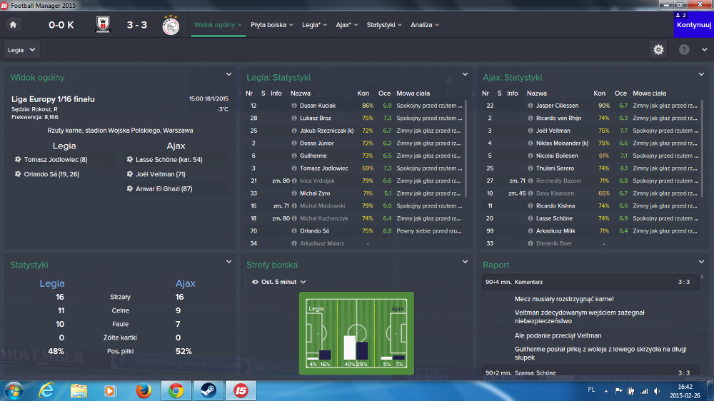 Symulacja meczu Legia - Ajax w Football Manager 15.